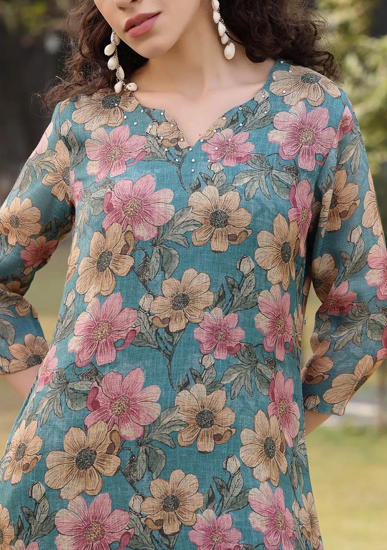 Turquoise Blue Printed Linen Kurta Dupatta Set - Indya