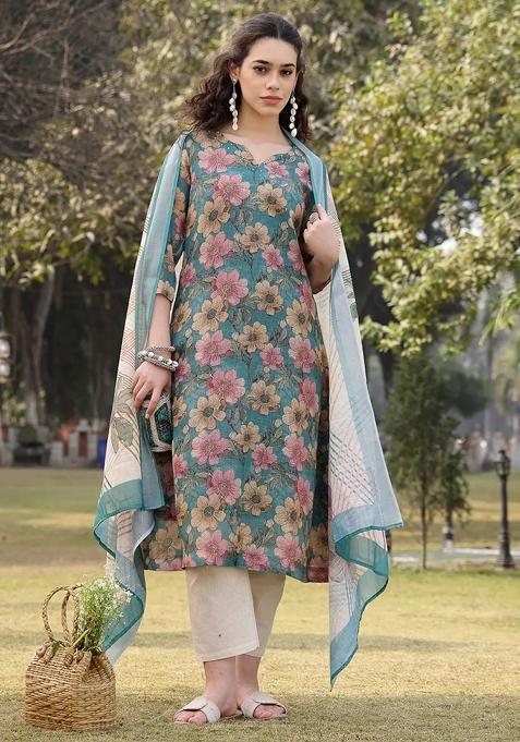 Turquoise Blue Printed Linen Kurta Dupatta Set