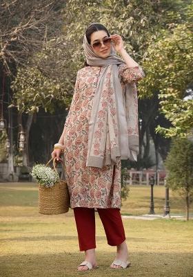 Beige Printed Linen Kurta Dupatta Set