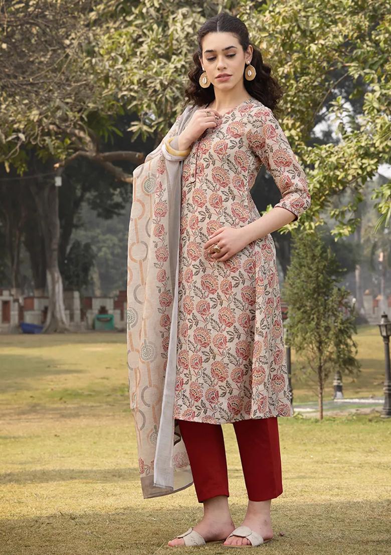 Beige Printed Linen Kurta Dupatta Set - Indya