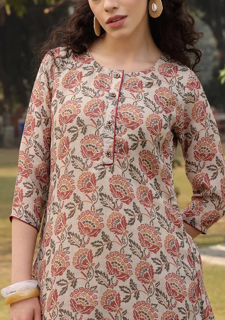 Beige Printed Linen Kurta Dupatta Set - Indya