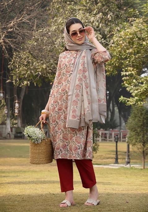 Beige Printed Linen Kurta Dupatta Set