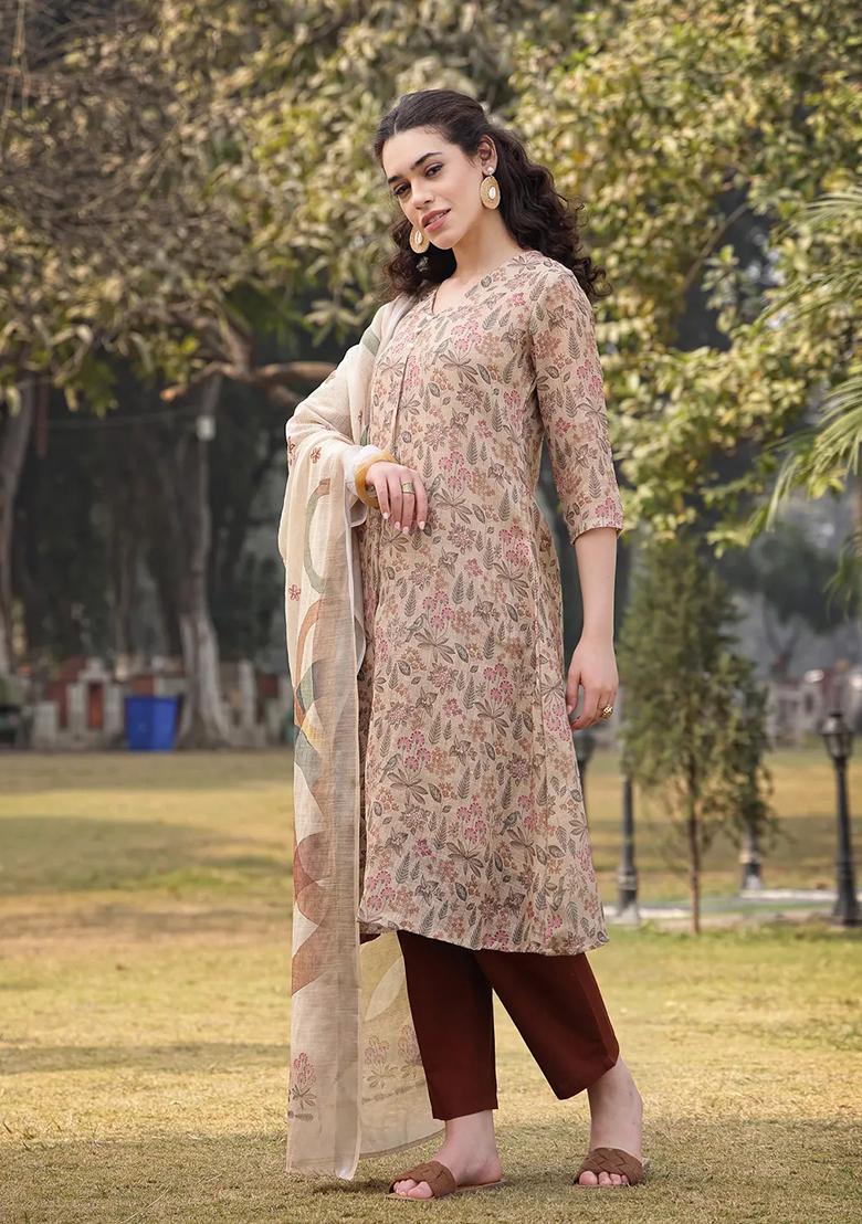 Beige Floral Print Linen Kurta Dupatta Set - Indya