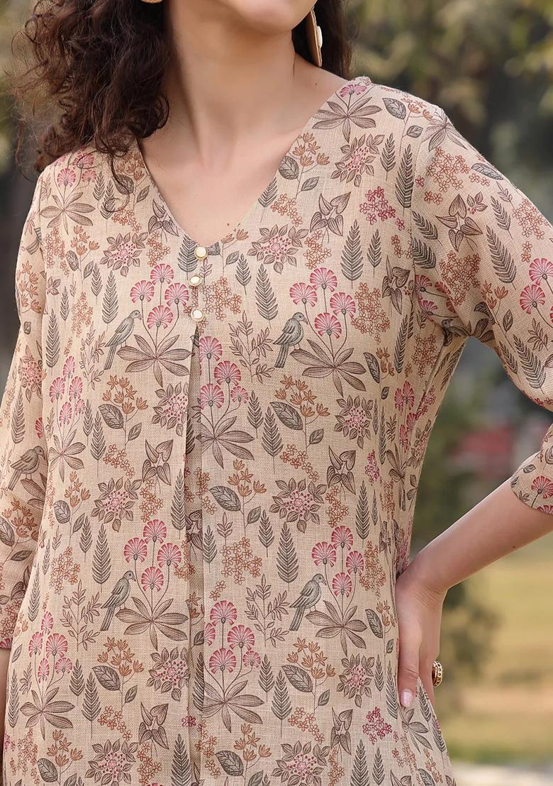 Beige Floral Print Linen Kurta Dupatta Set - Indya
