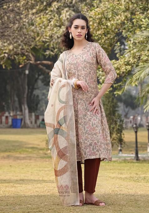 Beige Floral Print Linen Kurta Dupatta Set
