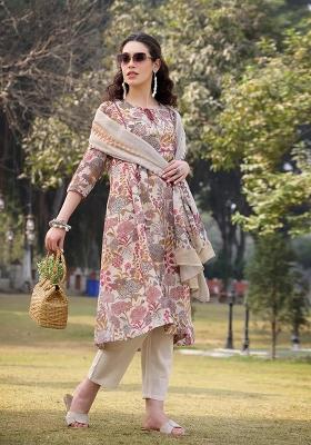 Beige Sequins Work Linen Kurta Dupatta Set