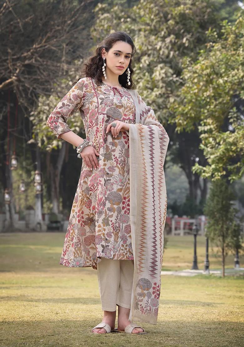 Beige Sequins Work Linen Kurta Dupatta Set - Indya