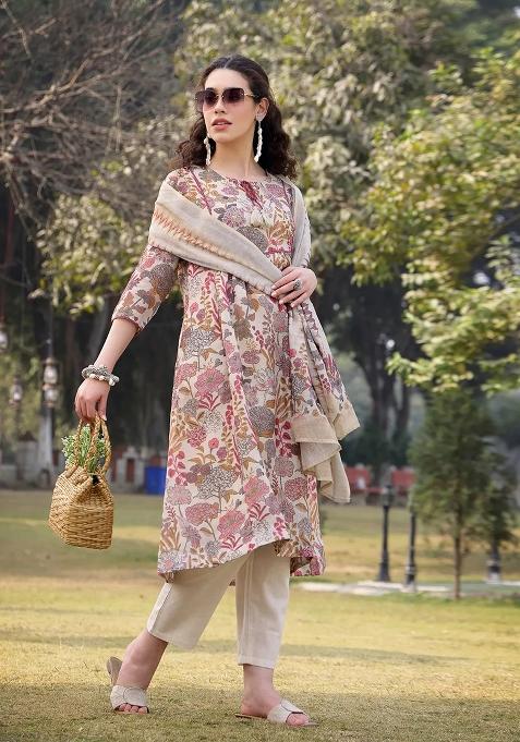 Beige Sequins Work Linen Kurta Dupatta Set