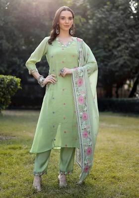 Pista Green Embroidered Chanderi Silk Kurta Dupatta Set
