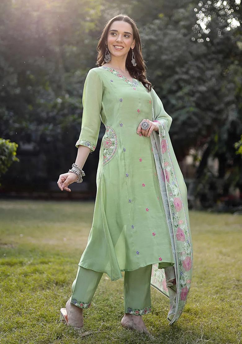 Pista Green Embroidered Chanderi Silk Kurta Dupatta Set - Indya