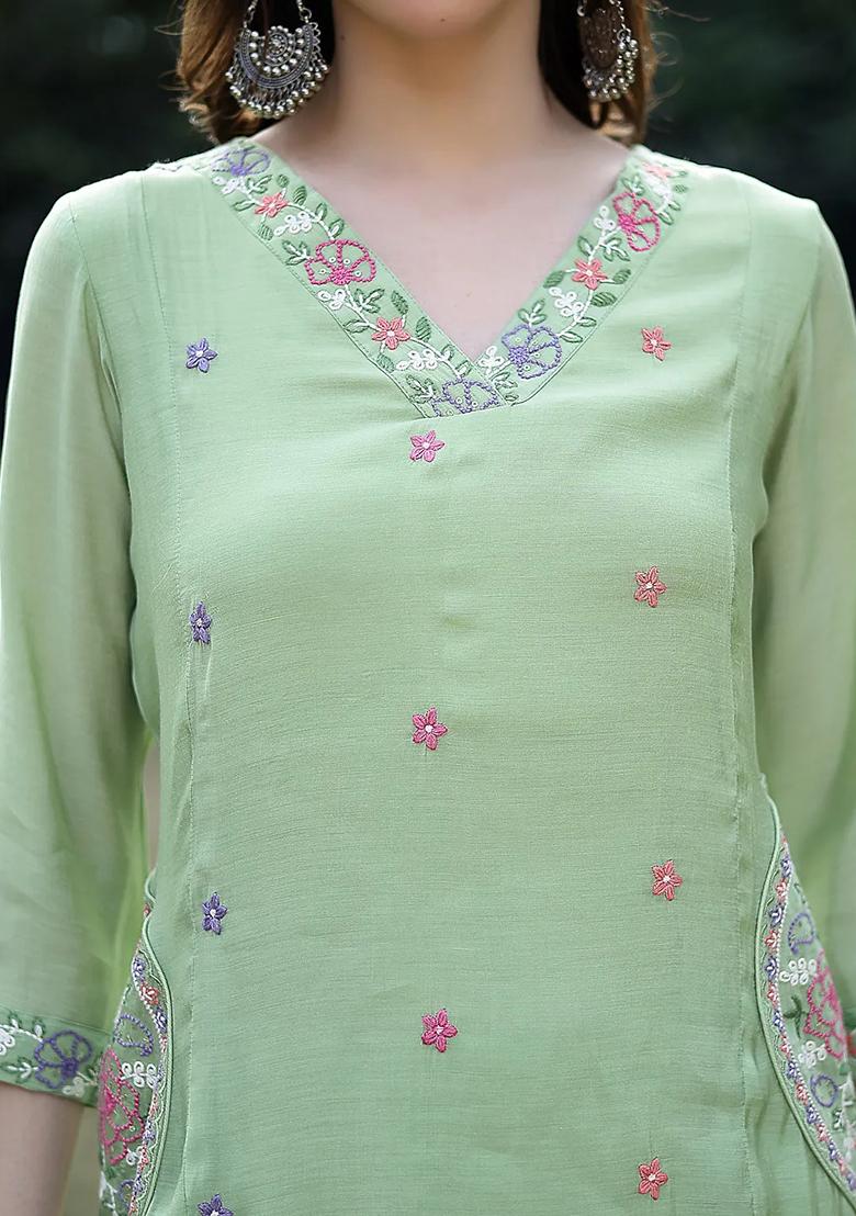 Pista Green Embroidered Chanderi Silk Kurta Dupatta Set - Indya