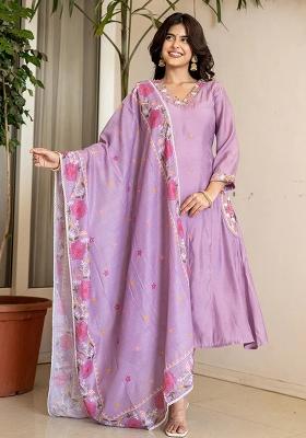 Lavender Embroidered Chanderi Silk Kurta Dupatta Set