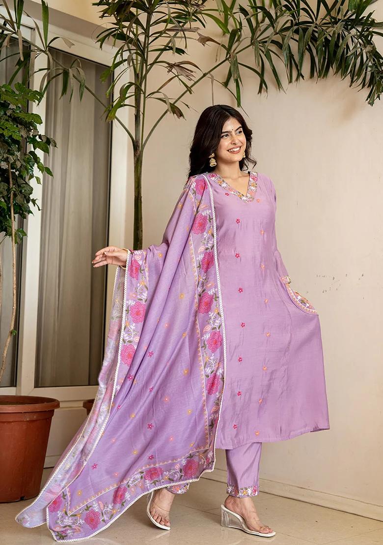 Lavender Embroidered Chanderi Silk Kurta Dupatta Set - Indya