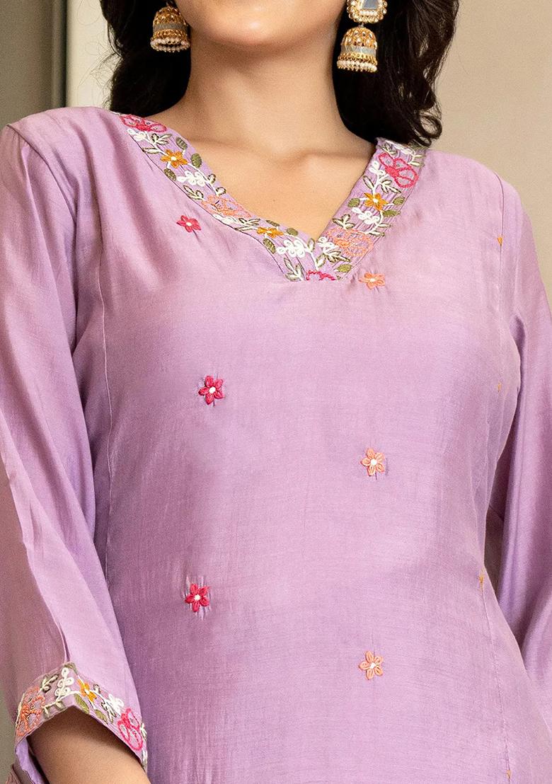 Lavender Embroidered Chanderi Silk Kurta Dupatta Set - Indya