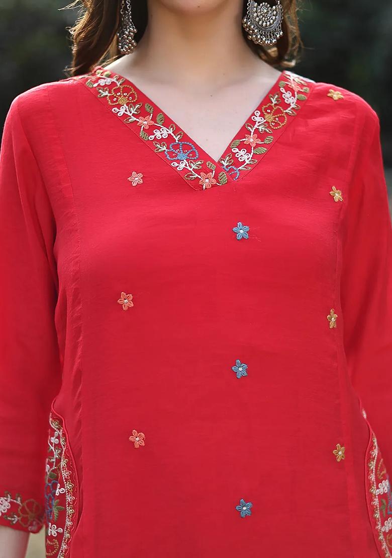 Red Embroidered Chanderi Silk Kurta Dupatta Set - Indya