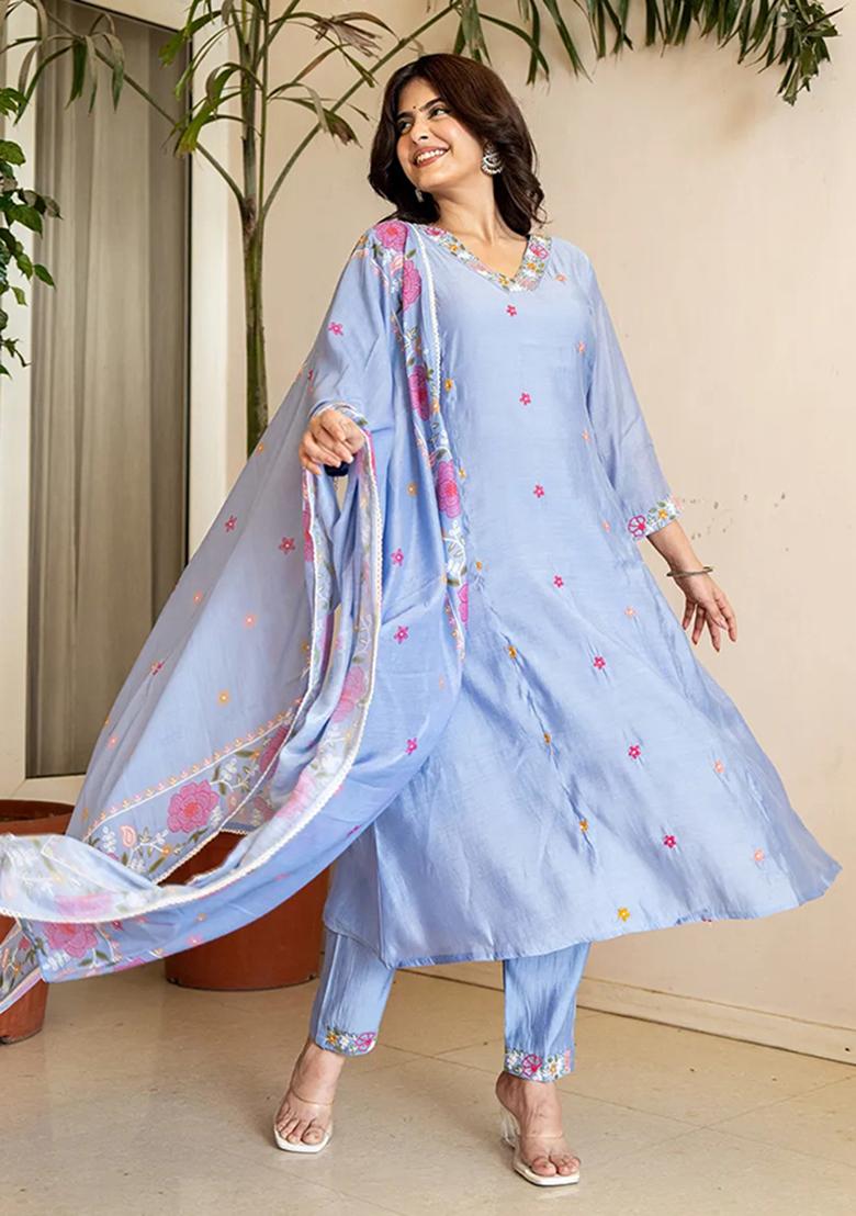 Blue Embroidered Chanderi Silk Kurta Dupatta Set - Indya