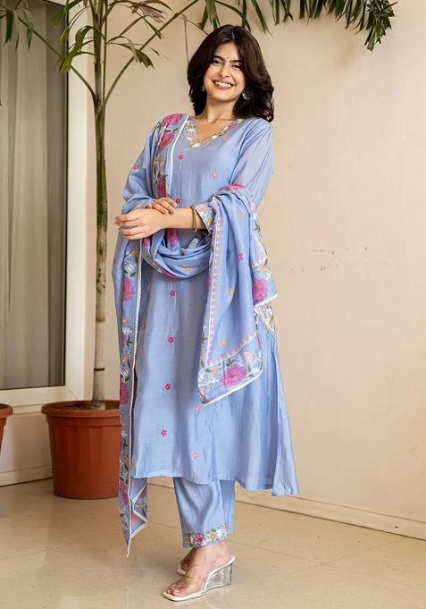 Blue Embroidered Chanderi Silk Kurta Dupatta Set