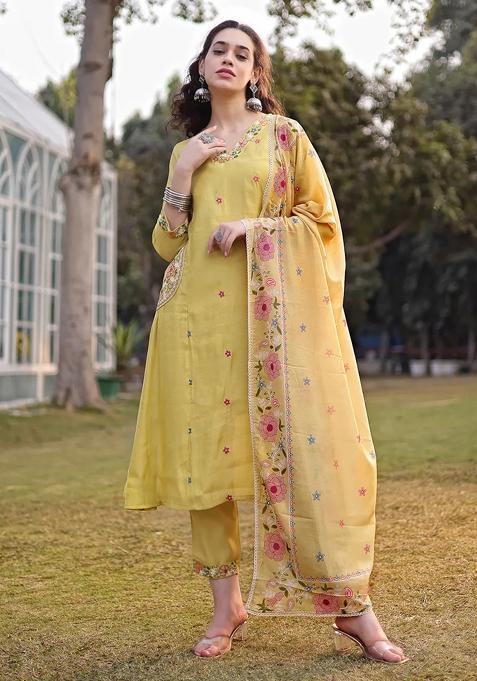 Butter Yellow Embroidered Chanderi Straight Kurta Set
