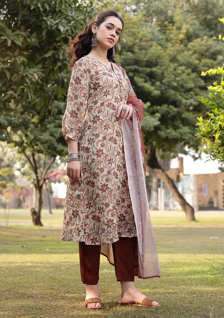 Beige Printed Linen Kurta Dupatta Set - Indya