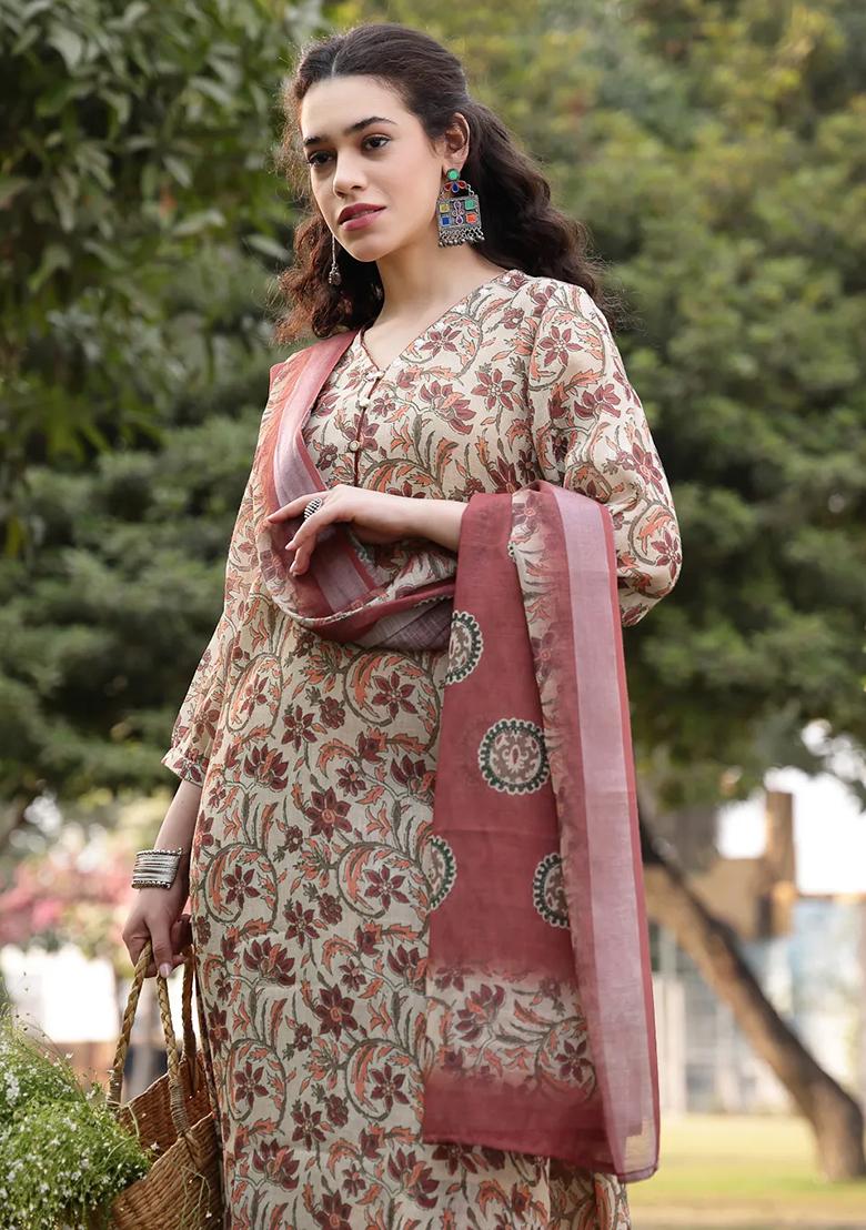 Beige Printed Linen Kurta Dupatta Set - Indya
