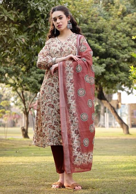 Beige Printed Linen Kurta Dupatta Set