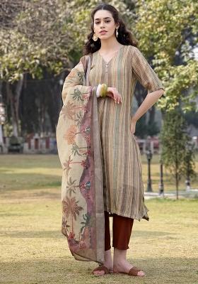 Beige Motif Linen Kurta Dupatta Set