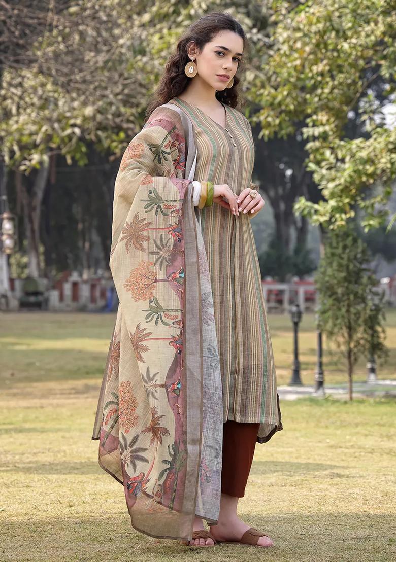 Beige Motif Linen Kurta Dupatta Set - Indya
