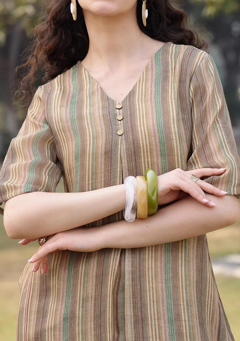 Beige Motif Linen Kurta Dupatta Set - Indya