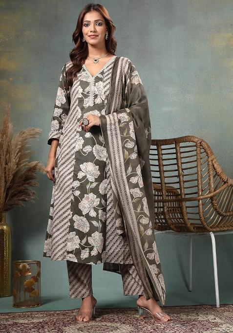 Olive Printed Cotton Kurta Dupatta Set