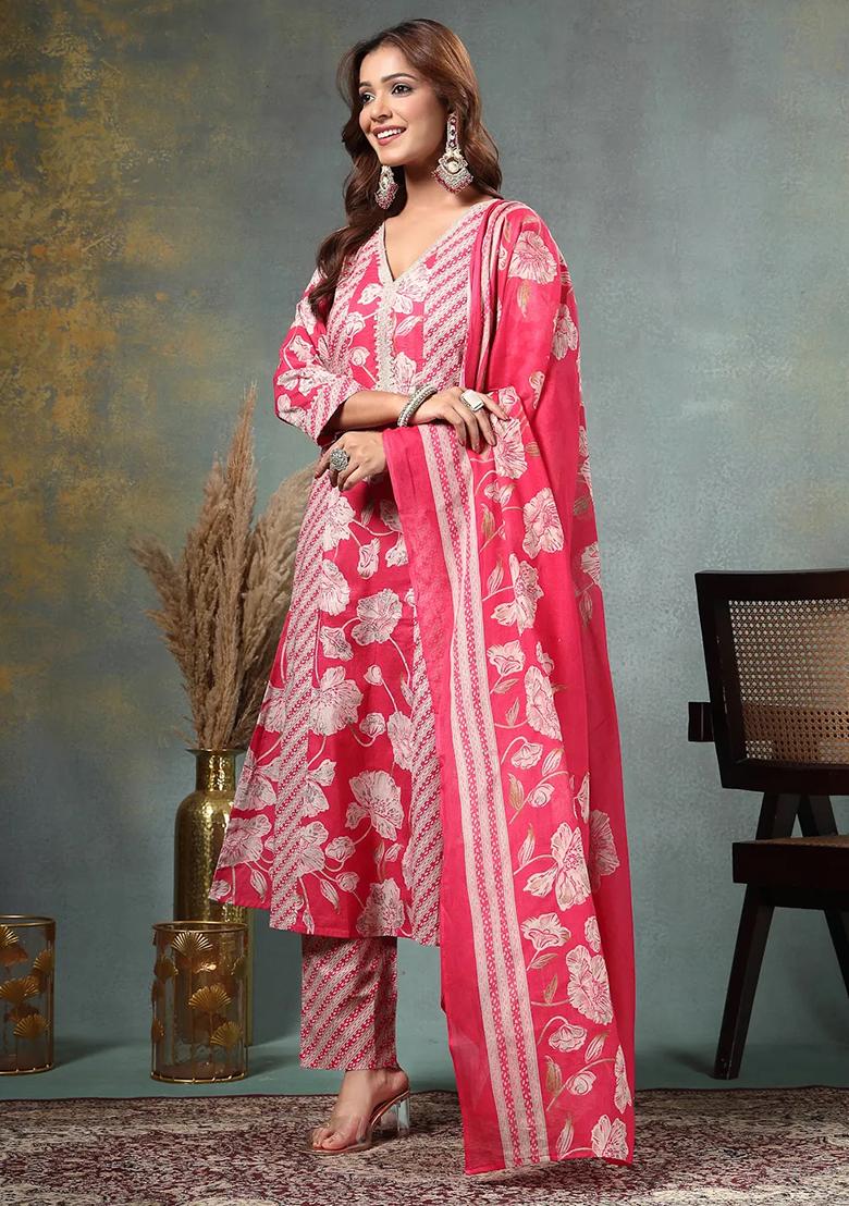 Pink Printed Cotton Kurta Dupatta Set - Indya