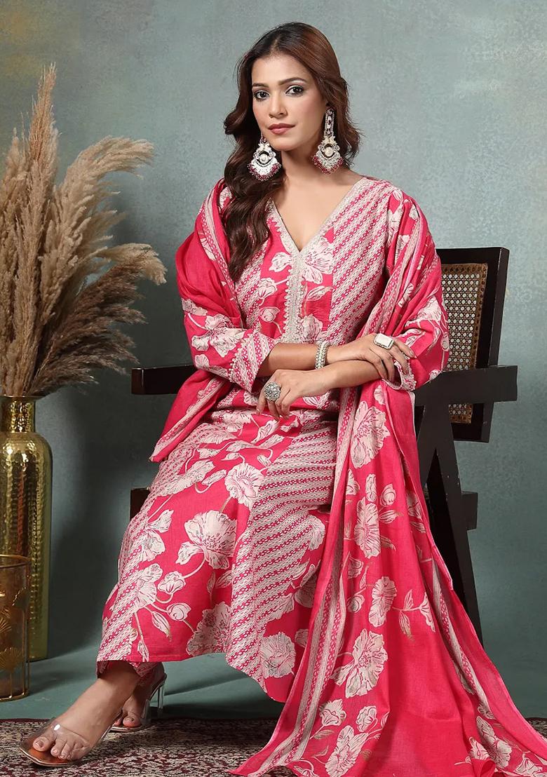 Pink Printed Cotton Kurta Dupatta Set - Indya