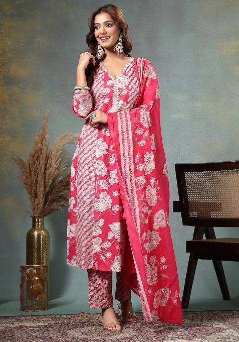 Pink Printed Cotton Kurta Dupatta Set