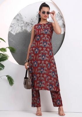 Rust Printed Cotton Kurta Set