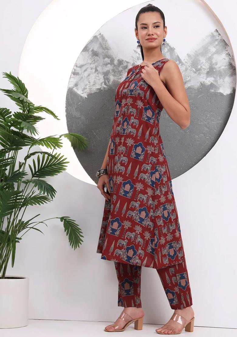 Rust Printed Cotton Kurta Set - Indya