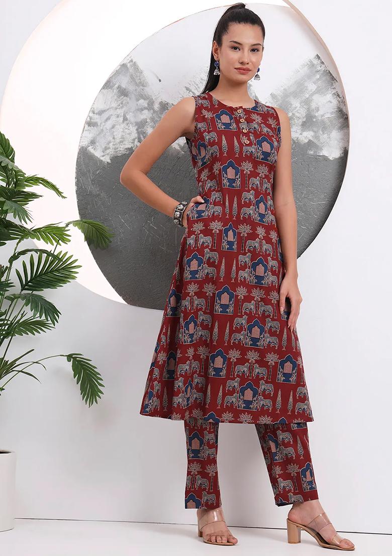 Rust Printed Cotton Kurta Set - Indya