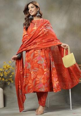 Orange Sequins Work Cotton Kurta Dupatta Set
