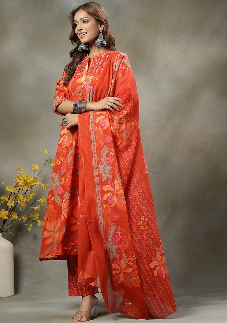 Orange Sequins Work Cotton Kurta Dupatta Set - Indya