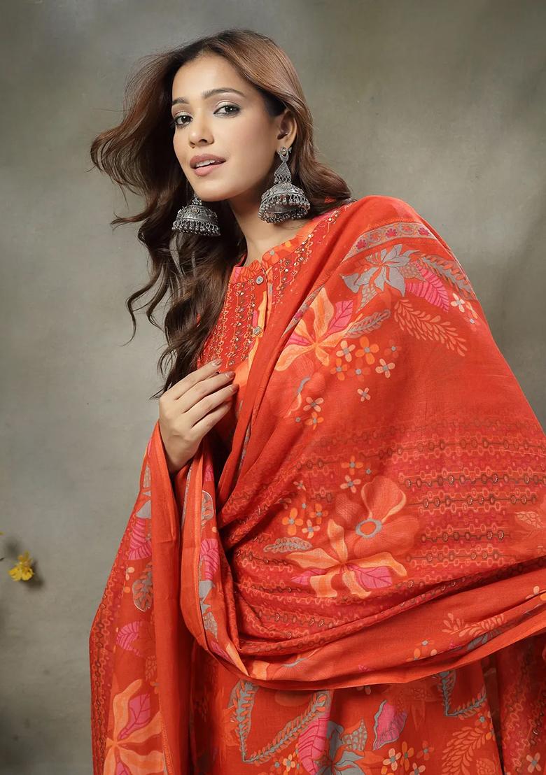Orange Sequins Work Cotton Kurta Dupatta Set - Indya