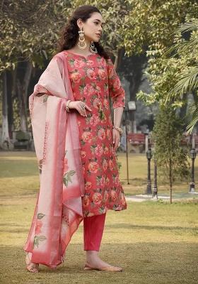 Pink Motif Linen Kurta Dupatta Set