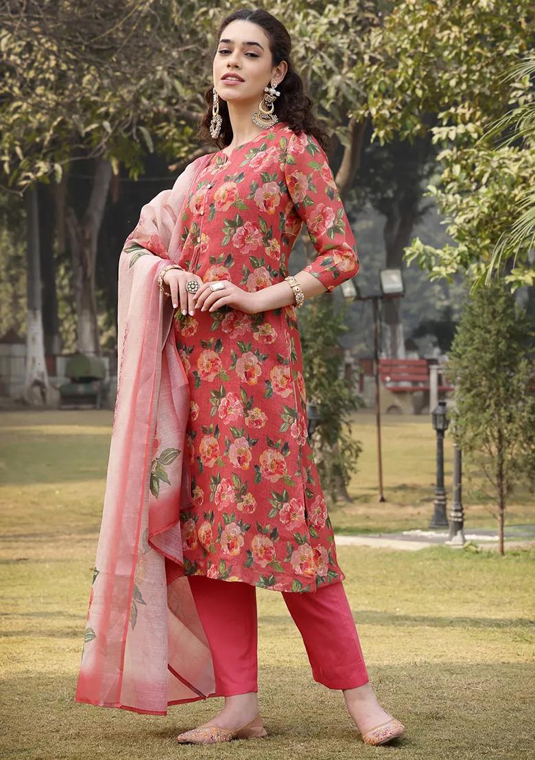Pink Motif Linen Kurta Dupatta Set - Indya