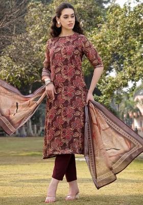 Brown Printed Linen Kurta Dupatta Set