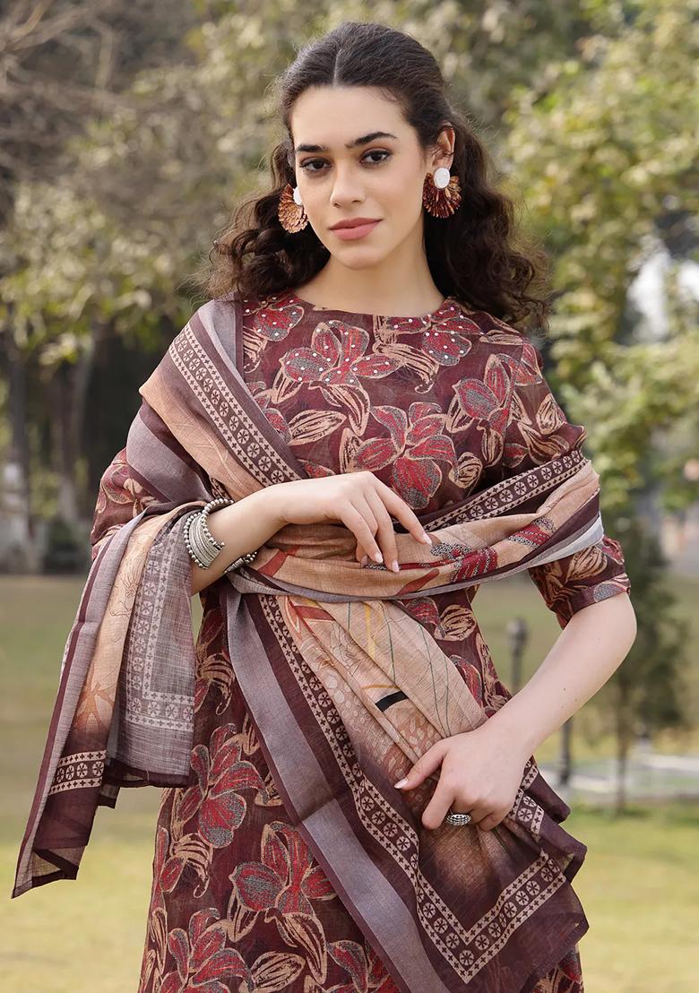 Brown Printed Linen Kurta Dupatta Set - Indya