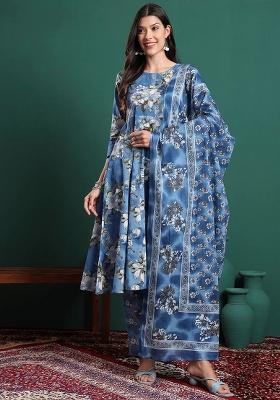 Blue Printed Cotton Kurta Dupatta Set