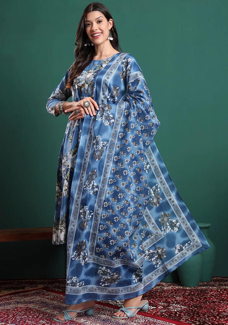 Blue Printed Cotton Kurta Dupatta Set - Indya
