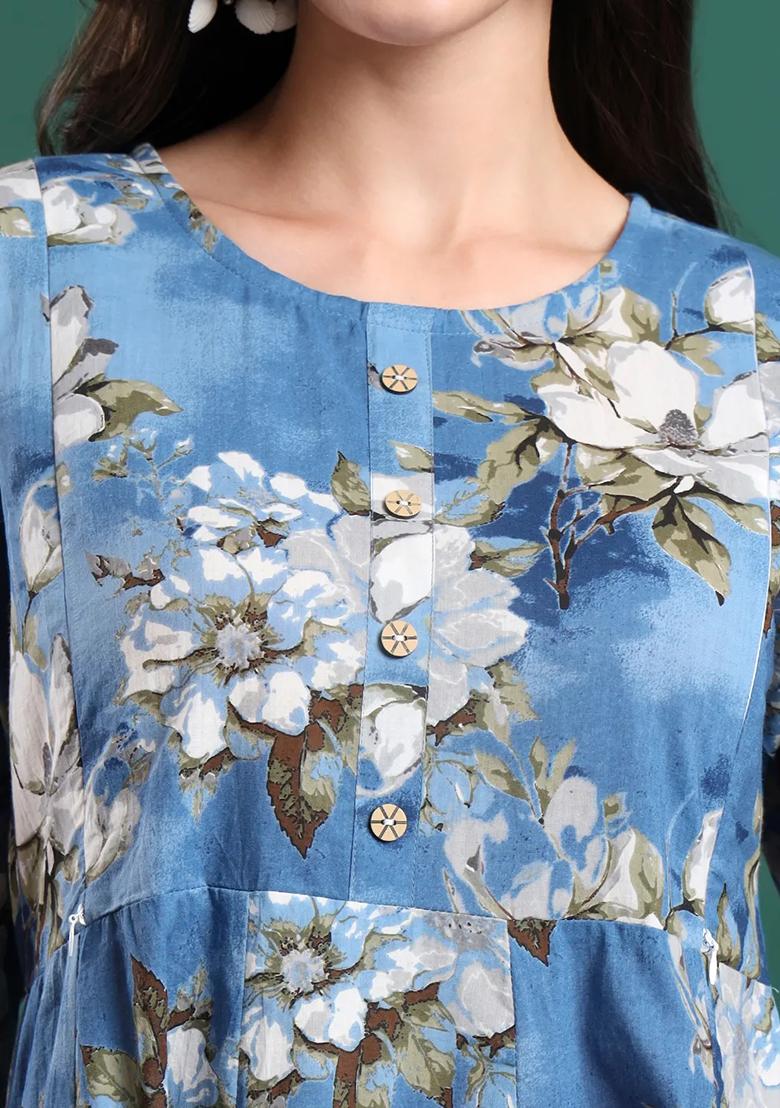 Blue Printed Cotton Kurta Dupatta Set - Indya