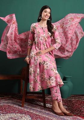 Pink Printed Cotton Kurta Dupatta Set