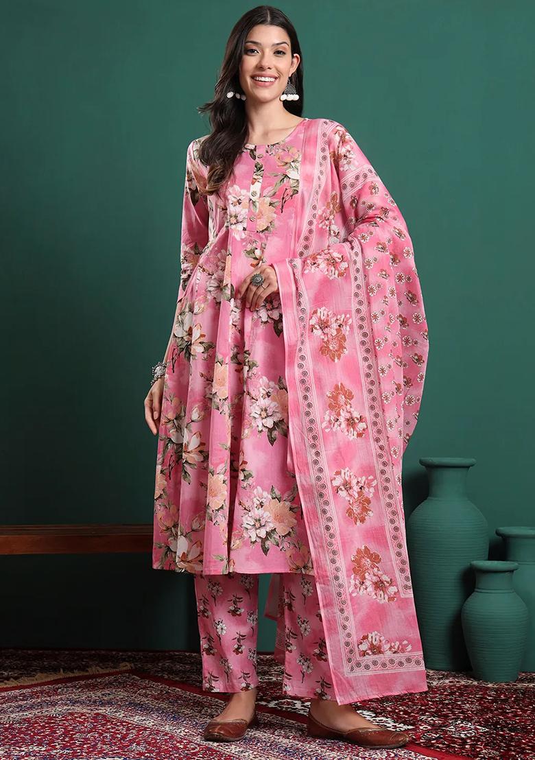Pink Printed Cotton Kurta Dupatta Set - Indya