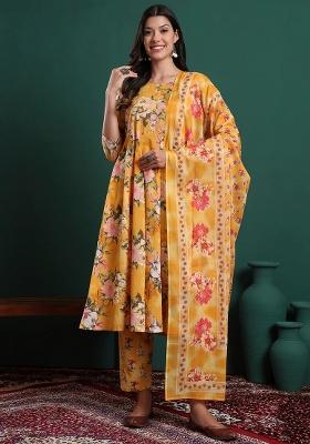 Yellow Printed Cotton Kurta Dupatta Set