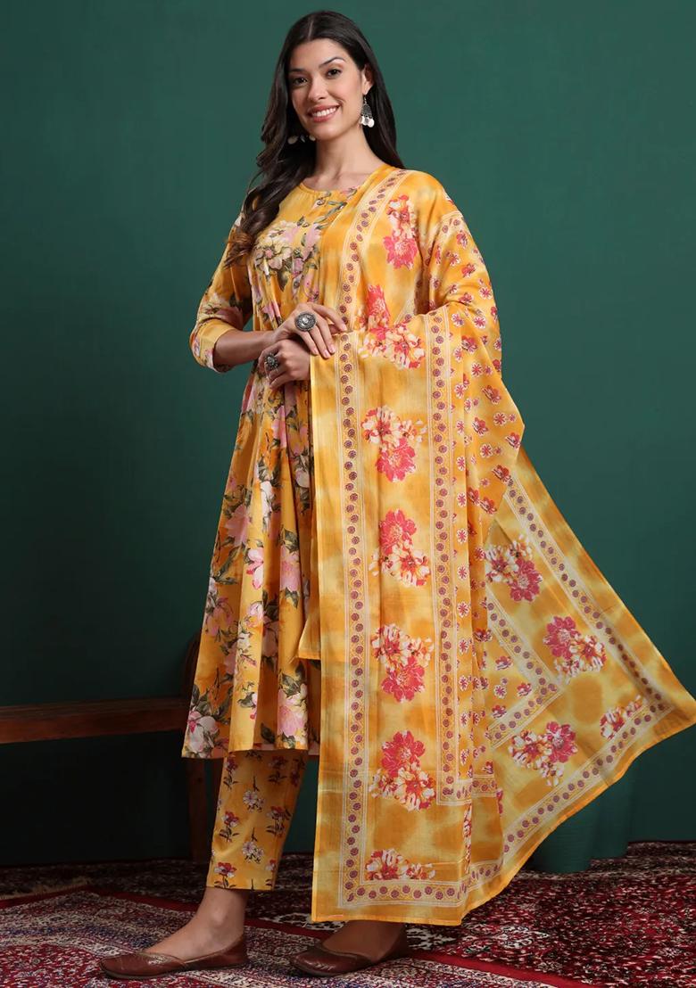 Yellow Printed Cotton Kurta Dupatta Set - Indya