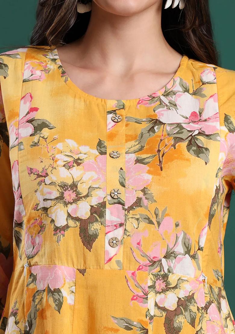 Yellow Printed Cotton Kurta Dupatta Set - Indya